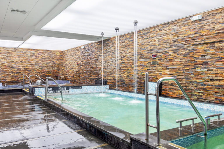 the bath area, showcasing two hydrotherapy pools, focusing on the overhead shower, with cascading water falling from the ceiling nozzle.