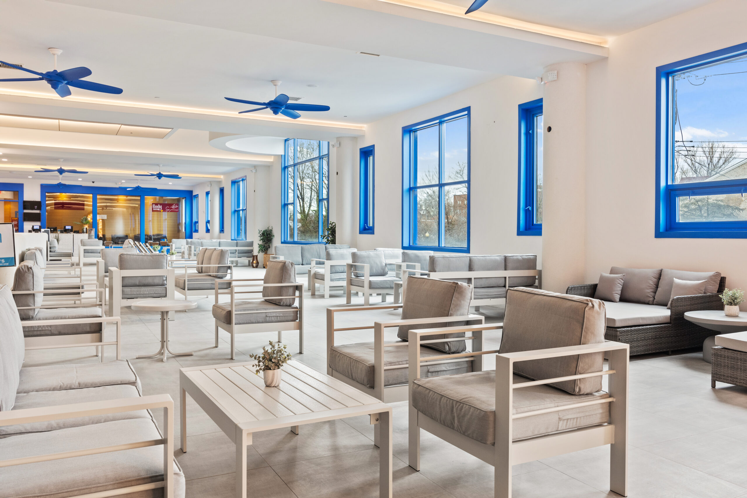 first floor lobby seating area, with view of lavender day spa and windows overlooking the spa castle entrance.