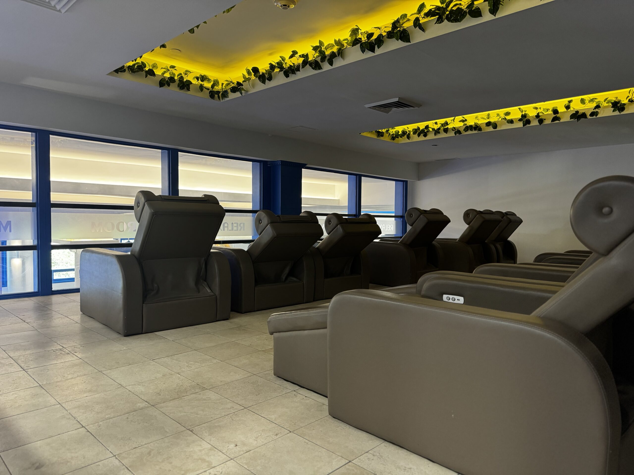 Inside view of the sleeping area, featuring reclining lounge chairs.