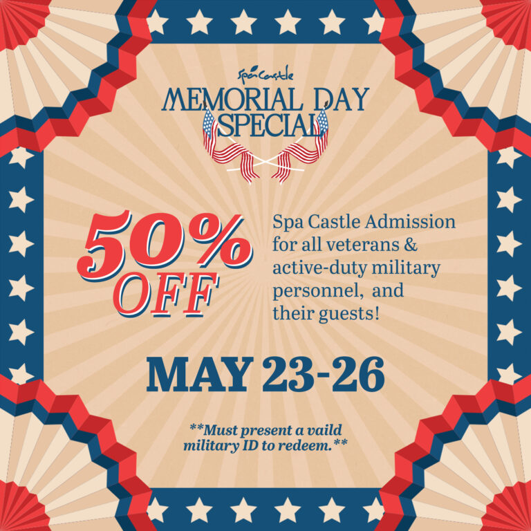 In honor of Fleet Week and Memorial Day Weekend, Spa Castle is offering 50% off admission for all military personnel, and their guest! Simply present a valid form of military ID. Special starts May 23rd and ends May 26th.